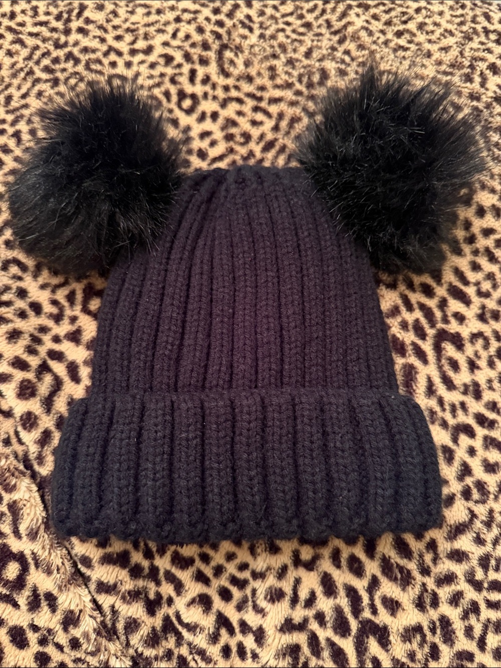 Kids Black Double Pom Knit Beanie